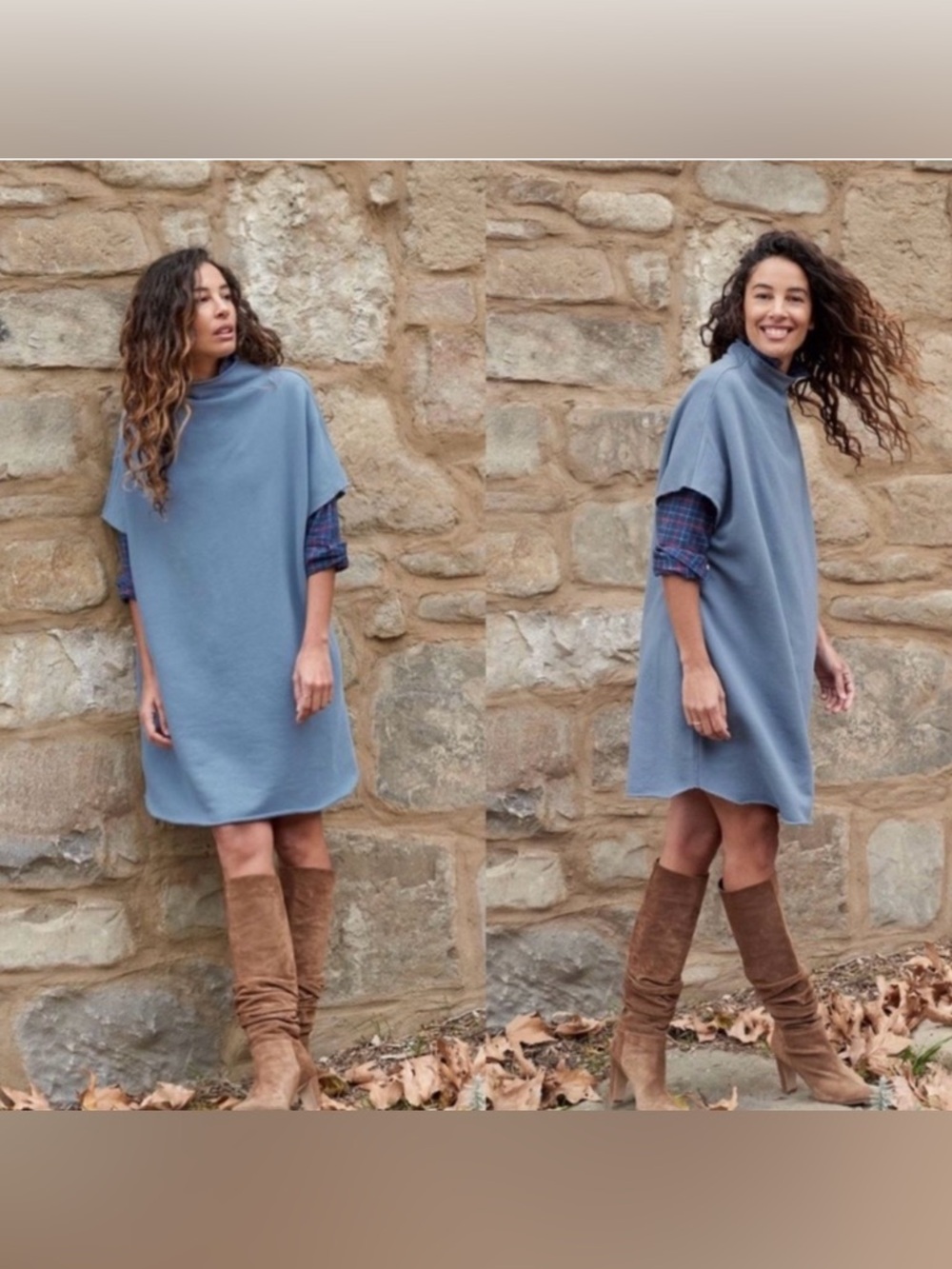 Frank & Eileen| Triple Fleece Slate Blue Funnel-Neck Sweater Dress Women’s Midi